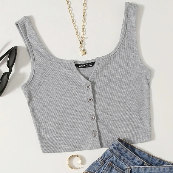 SHEIN Tops - SHEIN Grey Ribbed Cropped Crop Notch Neck Button Front Stretch Tank Top